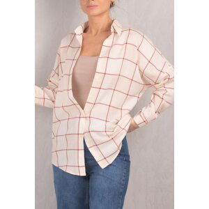 armonika Women's Cream Square Pattern Oversize Long Basic Shirt