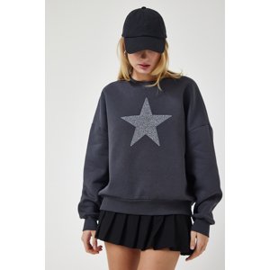 Happiness İstanbul Women's Anthracite Star Embroidered Raised Knitted Sweatshirt