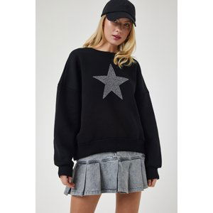 Happiness İstanbul Women's Black Star Embroidered Raised Knitted Sweatshirt