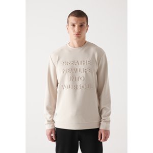 Avva Men's Beige Crew Neck Soft Touch Relief Printed Regular Fit Sweatshirt