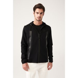 Avva Men's Black Interlock Fabric Hooded Collar Zippered Printed Standard Fit Regular Fit Sweatshirt