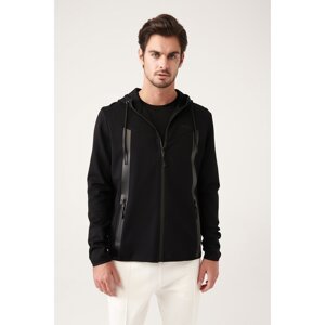 Avva Men's Black Interlock Fabric Hooded Collar Zippered Printed Standard Fit Regular Fit Sweatshirt