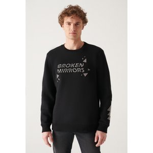 Avva Men's Black Crew Neck 3 Thread Fleece Reflective Regular Fit Sweatshirt