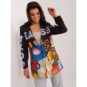Black zip-up blazer with a colorful print