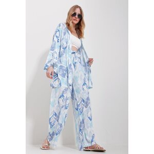 Trend Alaçatı Stili Women's Blue Kimono Jacket And Palazzo Pants Suit