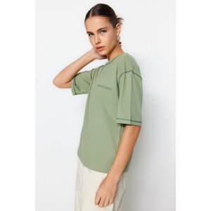 Trendyol Green 100% Cotton Cocoa Stitched and Printed Relaxed/Wide Relaxed Cut Knitted T-Shirt