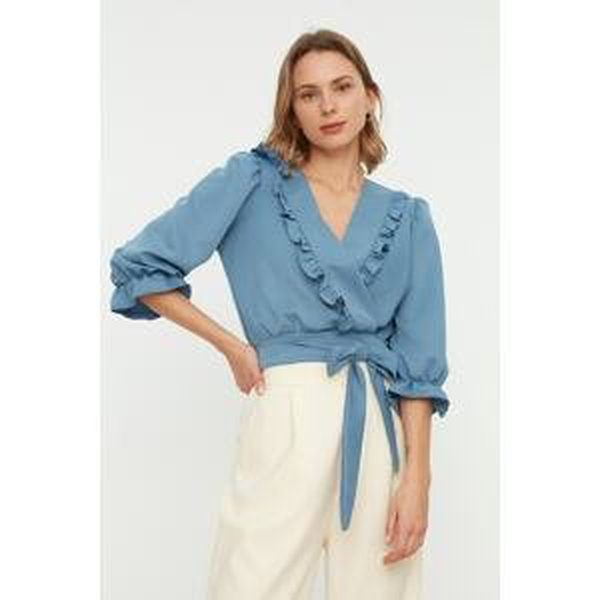 Trendyol Blue Belted Double Breasted Woven Ruffle Detail Blouse