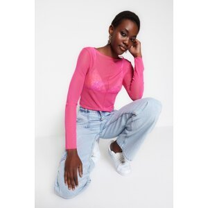 Trendyol Pink Stitch Detail Fitted/Situated Crew Neck Crop Tulle Elastic Knitted Blouse
