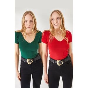 Olalook Women's Emerald Red-Red V-Neck Short Sleeve 2-pack Blouse