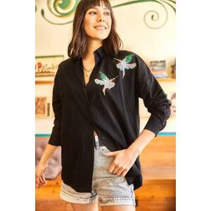 Olalook Women's Black Bird Sequin Detail Woven Boyfriend Shirt