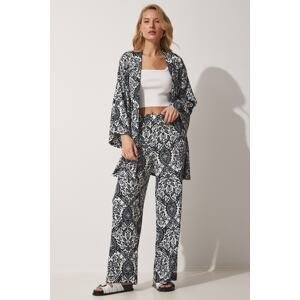 Happiness İstanbul Women's Black and White Patterned Summer Kimono with Pants and Knitted Suit