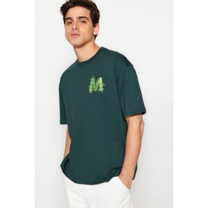 Trendyol Emerald Green Relaxed/Comfortable Fit Short Sleeve Text Printed 100% Cotton T-Shirt