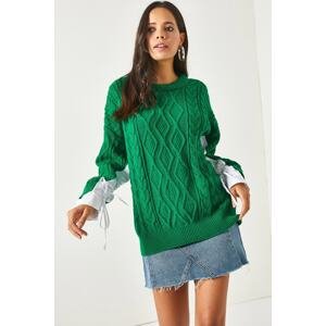 Olalook Women's Emerald Green Poplin Detail Oversize Knitwear Sweater