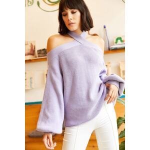 Olalook Women's Lilac Cross Neck Knitwear Sweater