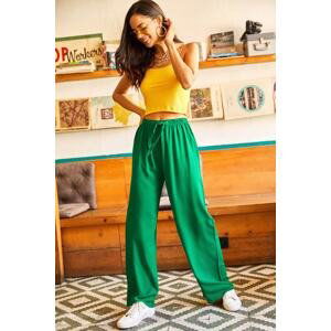 Olalook Women's Grass Green Belted Woven Viscose Palazzo Pants