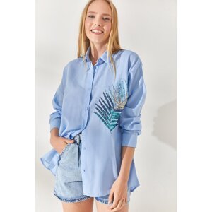 Olalook Baby Blue Palm Sequin Detailed Oversize Woven Poplin Shirt