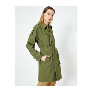 Koton Women's Green Pocketed Trench Coat with Belted Waist