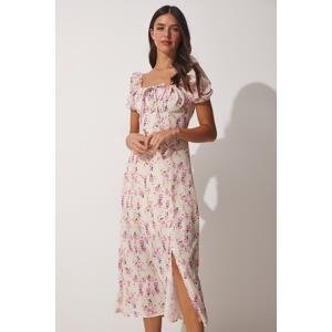 Happiness İstanbul Women's Cream Gathered Collar Floral Satin Surface Summer Dress
