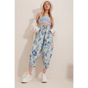 Trend Alaçatı Stili Women's Blue Patterned Loose Linen Trousers