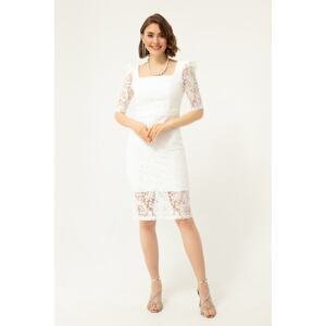 Lafaba Women's White Square Neck Lace Midi Evening Dress