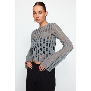 Trendyol Gray Mesh Spanish Sleeve Slim Fit Crop Crew Neck Knitted Blouse