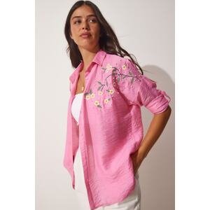 Happiness İstanbul Women's Pink Pearl Embroidered Oversize Ayrobin Shirt