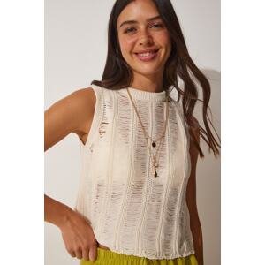 Happiness İstanbul Women's Cream Ripped Detailed Seasonal Crop Knitwear Blouse