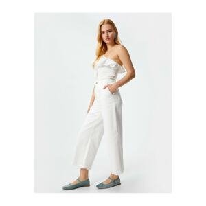 Koton Wide Leg Trousers with Embroidery Detail High Waist Pockets Cotton WHITE