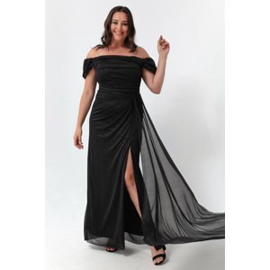 Lafaba Women's Black Boat Neck Draped Slit Long Silvery Evening Dress