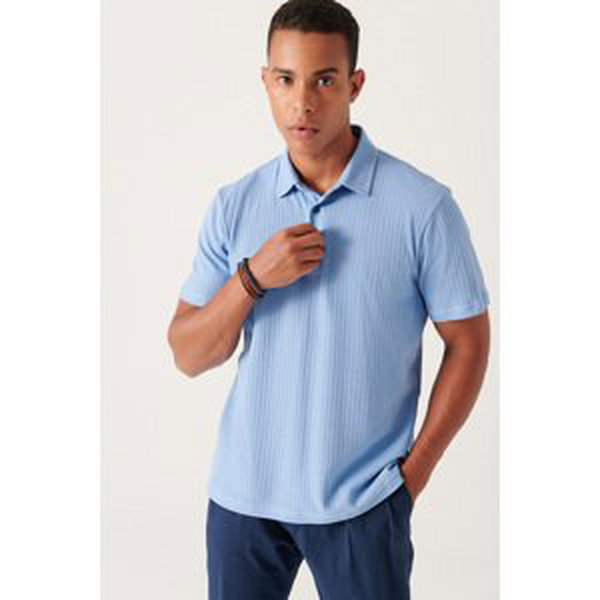 Avva Men's Blue Textured Polo Neck T-shirt