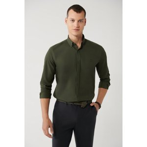Avva Men's Dark Green Shirt Buttoned Collar 100% Cotton Ribbed Velvet Standard Fit Regular Fit