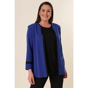 By Saygı Lycra Undershirt Undershirt Plus Size Crepe Jacket with Wadding Wadding on Shoulders 2-Piece Saxe Blue