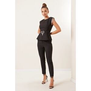 By Saygı Stone And Chain Detail On The Shoulders With A Belt Waist Blouse And Pants 2-Pair Set Black