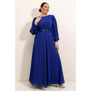 By Saygı Saks Plus Size Long Chiffon Dress with Front Gathered Waist Belt