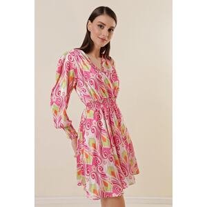 By Saygı Double-breasted Collar Lined Mixed Patterned Gipeli Satin Dress Pink