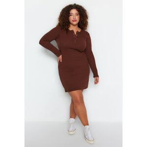 Trendyol Curve Brown Ribbed Knitted Dress with Snap Collar