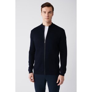 Avva Men's Navy Blue Stand-Up Collar Zippered Standard Fit Regular Cut Knitwear Cardigan