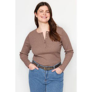 Trendyol Curve Mink Crew Neck Plain Basic Corded Knitted Blouse