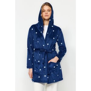 Trendyol Navy Blue Belted Heart Patterned Pocket and Hood Detailed Fleece Knitted Dressing Gown