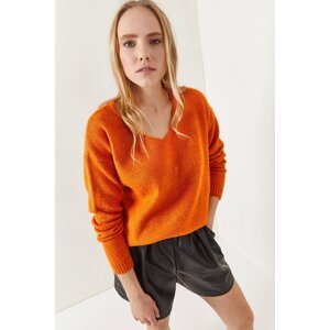 Olalook Women's Orange V-Neck Soft Textured Knitwear Sweater