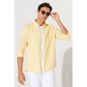 AC&Co / Altınyıldız Classics Men's Yellow Tailored Slim Fit Narrow Cut Button Collar Linen Look 100% Cotton Flared Shirt