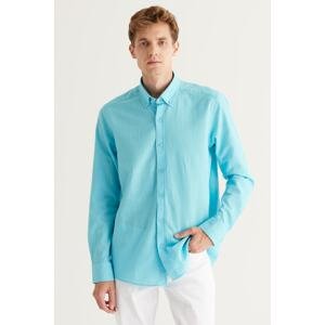 AC&Co / Altınyıldız Classics Men's Turquoise Tailored Slim Fit Buttoned Collar Linen Look 100% Cotton Flamed Shirt