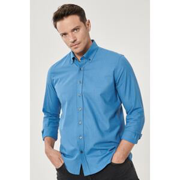 AC&Co / Altınyıldız Classics Men's Petrol Tailored Slim Fit Buttoned Collar Linen Look 100% Cotton Flamed Shirt