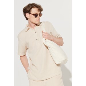 AC&Co / Altınyıldız Classics Men's Beige Comfort Fit Classic Collar 100% Cotton Pocket Muslin Patterned Short Sleeve Shirt