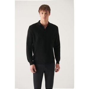 Avva Men's Black Polo Collar Houndstooth Patterned Cotton Regular Fit Knitwear Sweater
