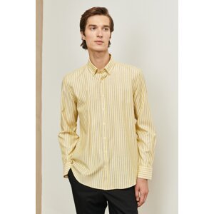 ALTINYILDIZ CLASSICS Men's Yellow-navy blue Slim Fit Narrow Cut Button Collar Striped Shirt