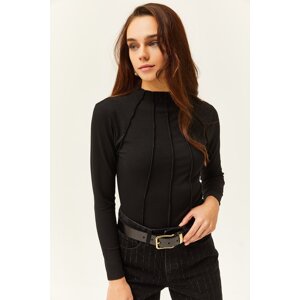 Olalook Women's Black Pieced High Neck Lycra Crop Blouse