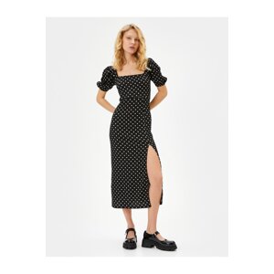 Koton Tie Back Polka Dot Dress Window Detail Midi Length Short Balloon Sleeve Square Neck