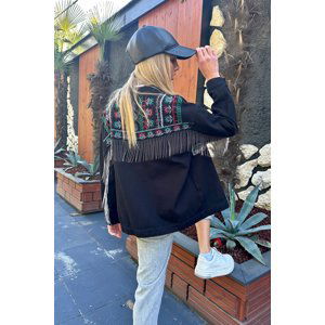 Trend Alaçatı Stili Women's Black Double Pocket Embroidered Back Tasseled Jean Jacket
