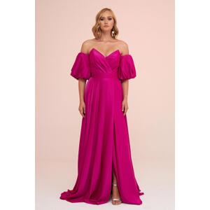 Carmen Fuchsia Satin Balloon Sleeve Slit Long Evening Dress